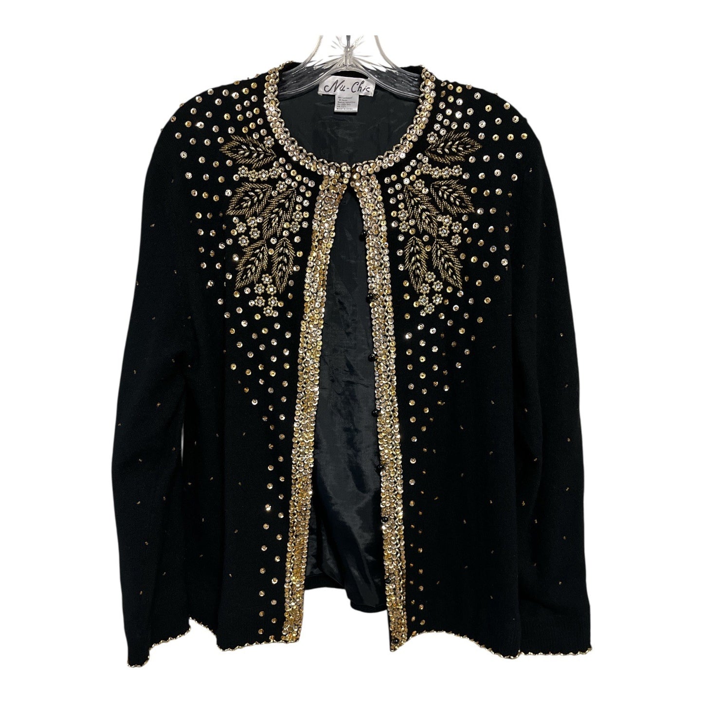 Nu Chic Beaded Lambswool Cardigan Sweater Black Gold Size 46