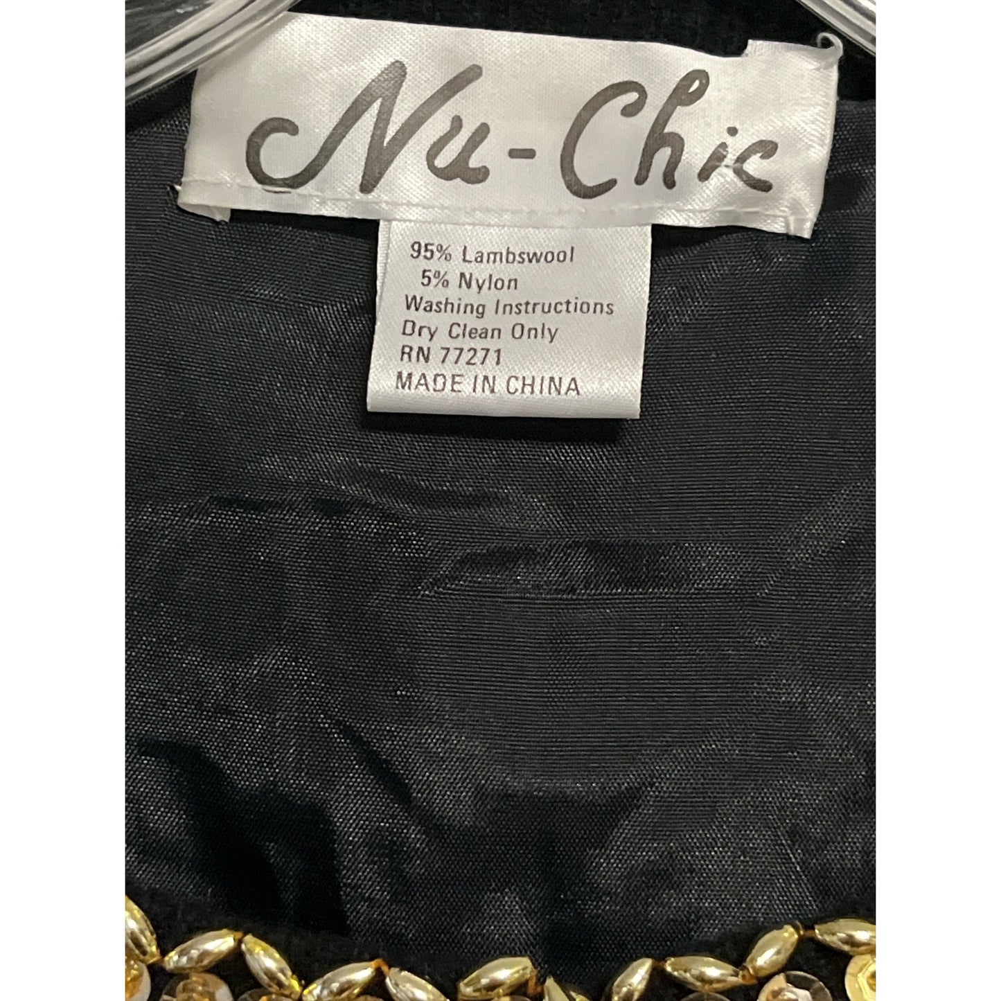 Nu Chic Beaded Lambswool Cardigan Sweater Black Gold Size 46