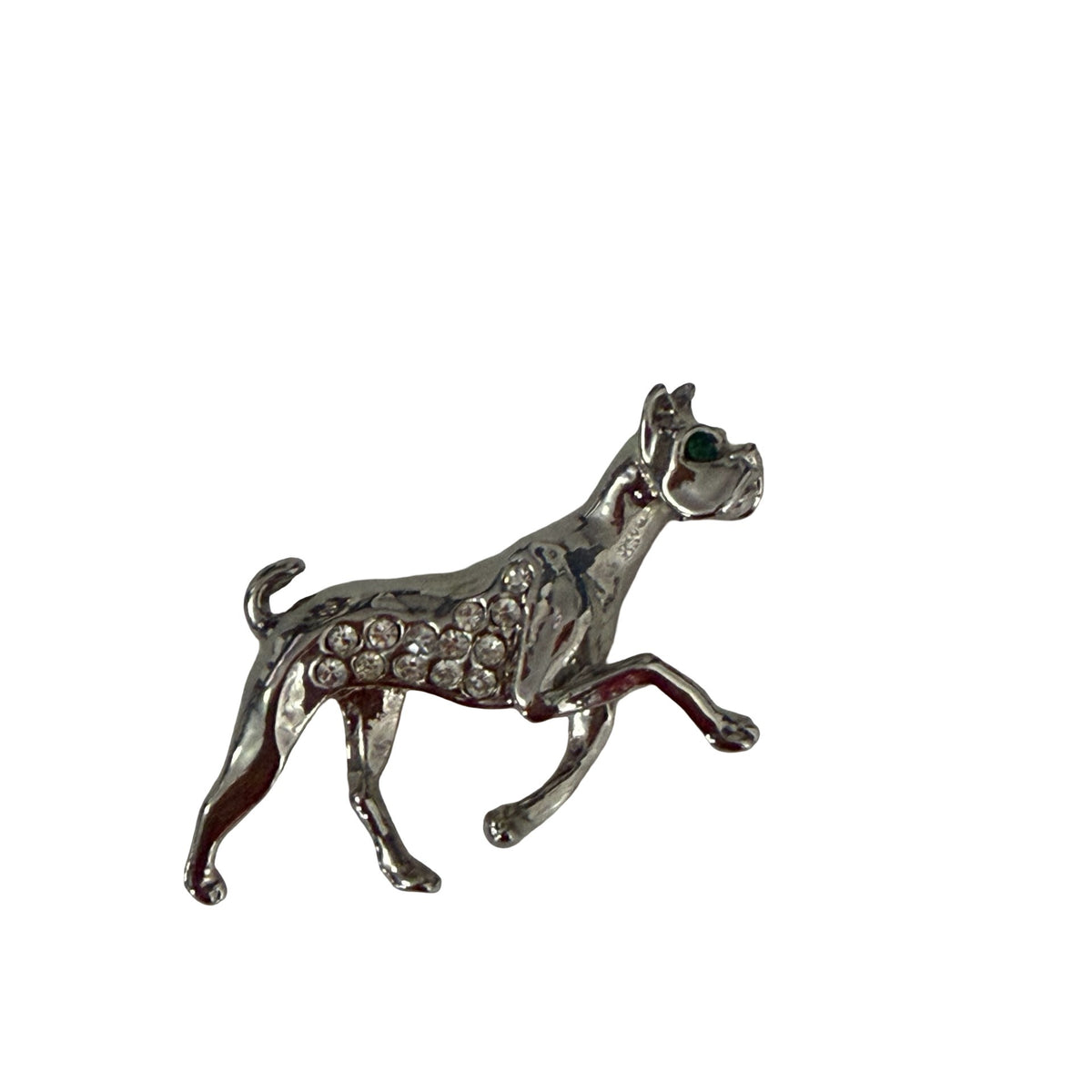Vintage Boxer Dog Brooch Silver Tone Clear Rhinestone Green Eye Figural Pin 2"