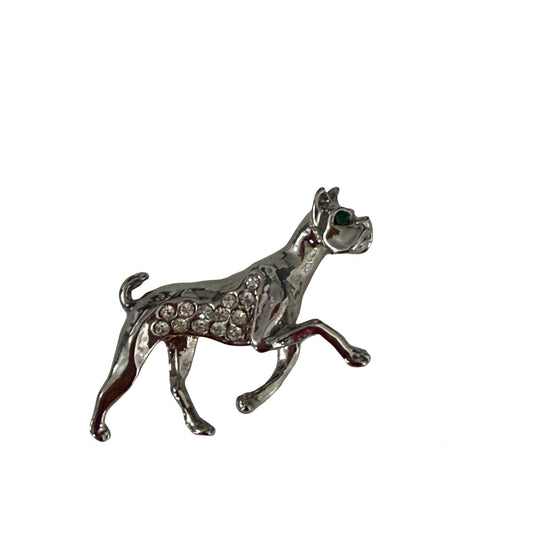 Vintage Boxer Dog Brooch Silver Tone Clear Rhinestone Green Eye Figural Pin 2"