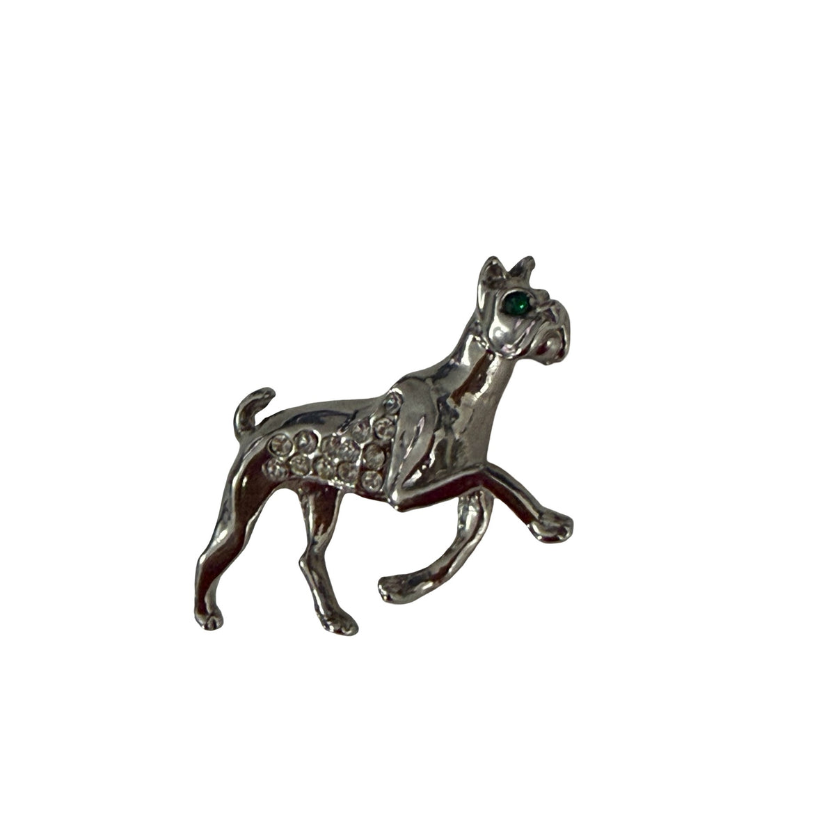 Vintage Boxer Dog Brooch Silver Tone Clear Rhinestone Green Eye Figural Pin 2"
