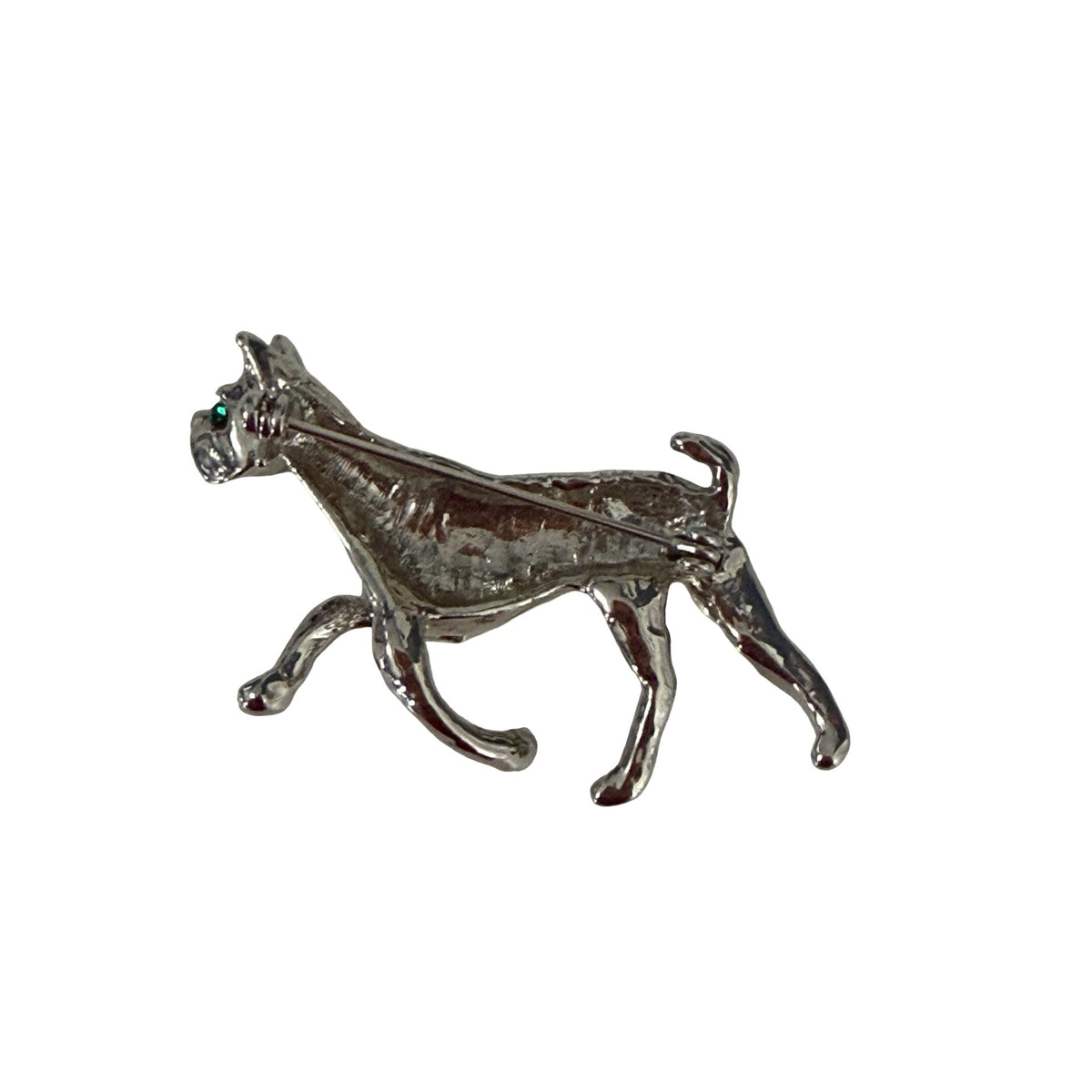 Vintage Boxer Dog Brooch Silver Tone Clear Rhinestone Green Eye Figural Pin 2"