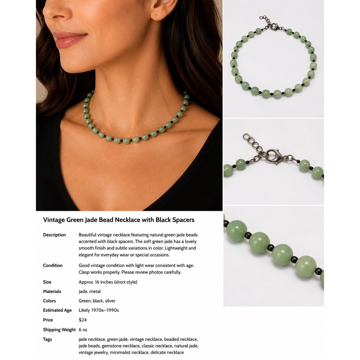 Vintage Green Jade Bead Necklace Black Spacer Beads Adjustable 12” Choker