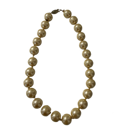 Vintage Glass Faux Pearl Choker Necklace Cream Ivory Knotted Beads 14"