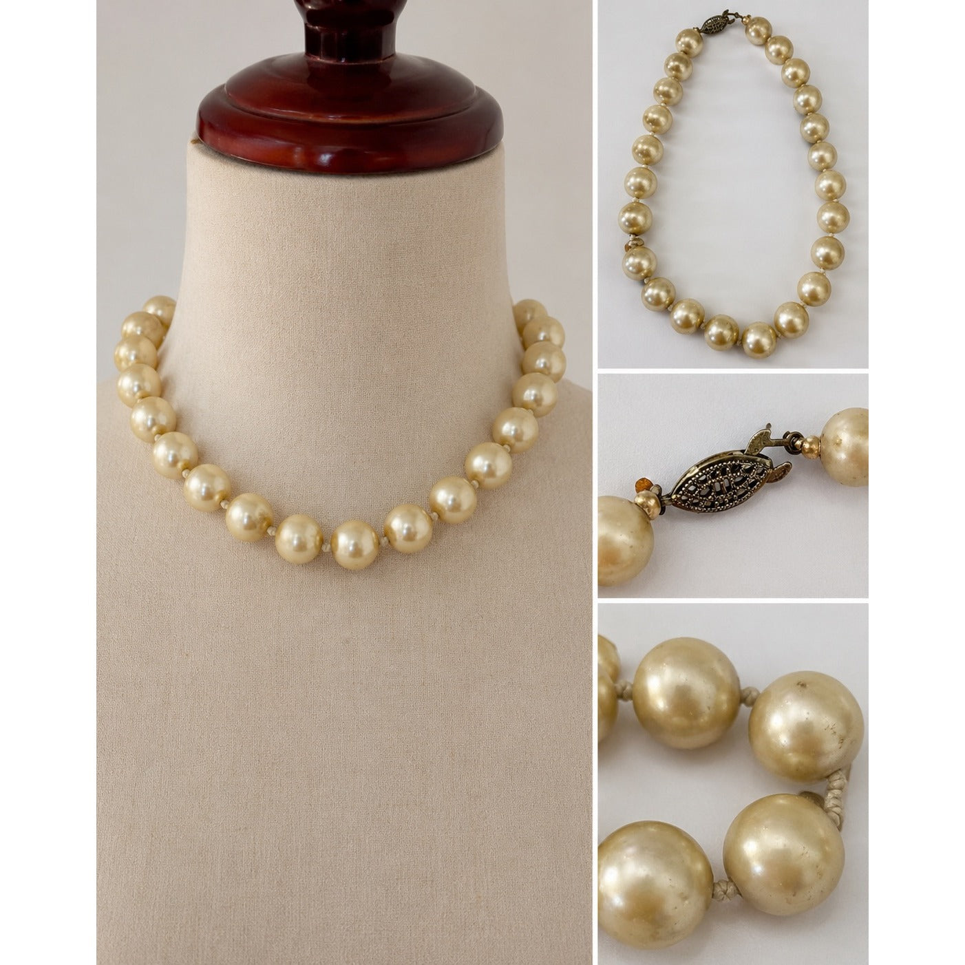 Vintage Glass Faux Pearl Choker Necklace Cream Ivory Knotted Beads 14"