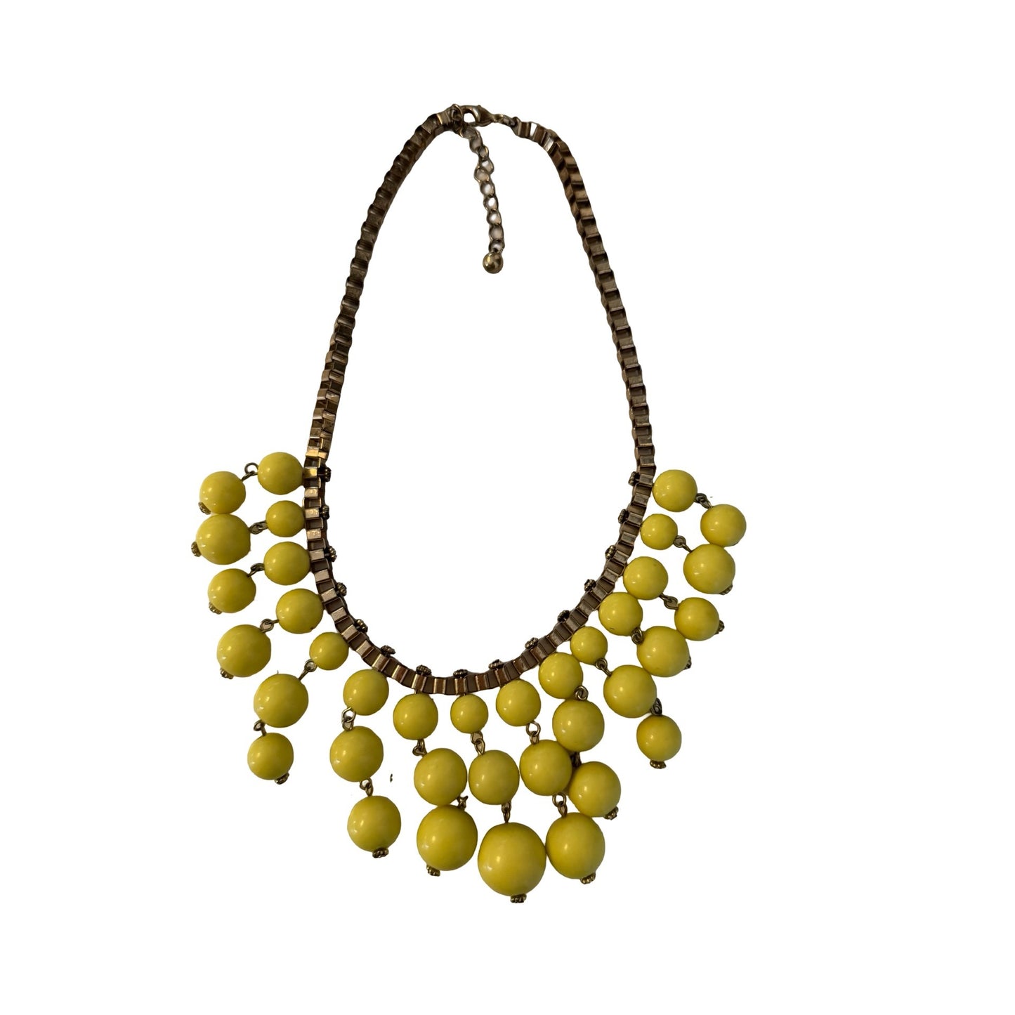 Vintage Yellow Bead Statement Necklace Gold Tone Bib Fringe Adjustable 14 Inch