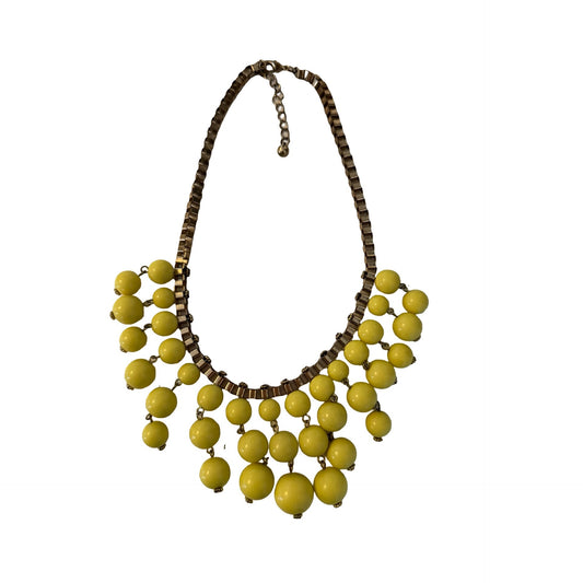 Vintage Yellow Bead Statement Necklace Gold Tone Bib Fringe Adjustable 14 Inch