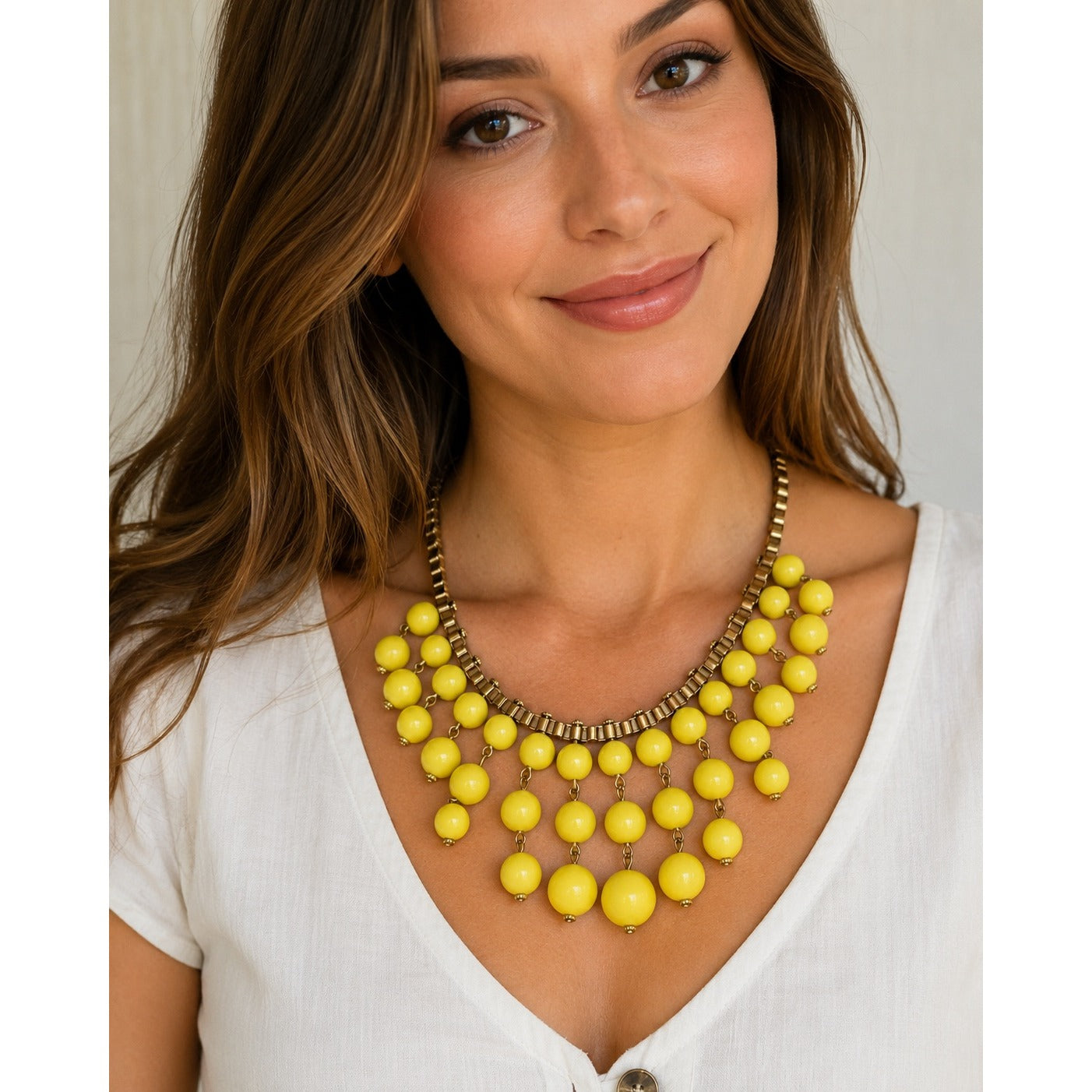 Vintage Yellow Bead Statement Necklace Gold Tone Bib Fringe Adjustable 14 Inch