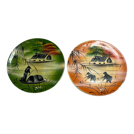 Pair of Vietnamese Lacquerware Decorative Plates – Hand-Painted Wood, Tuấn Hải, 4.75"