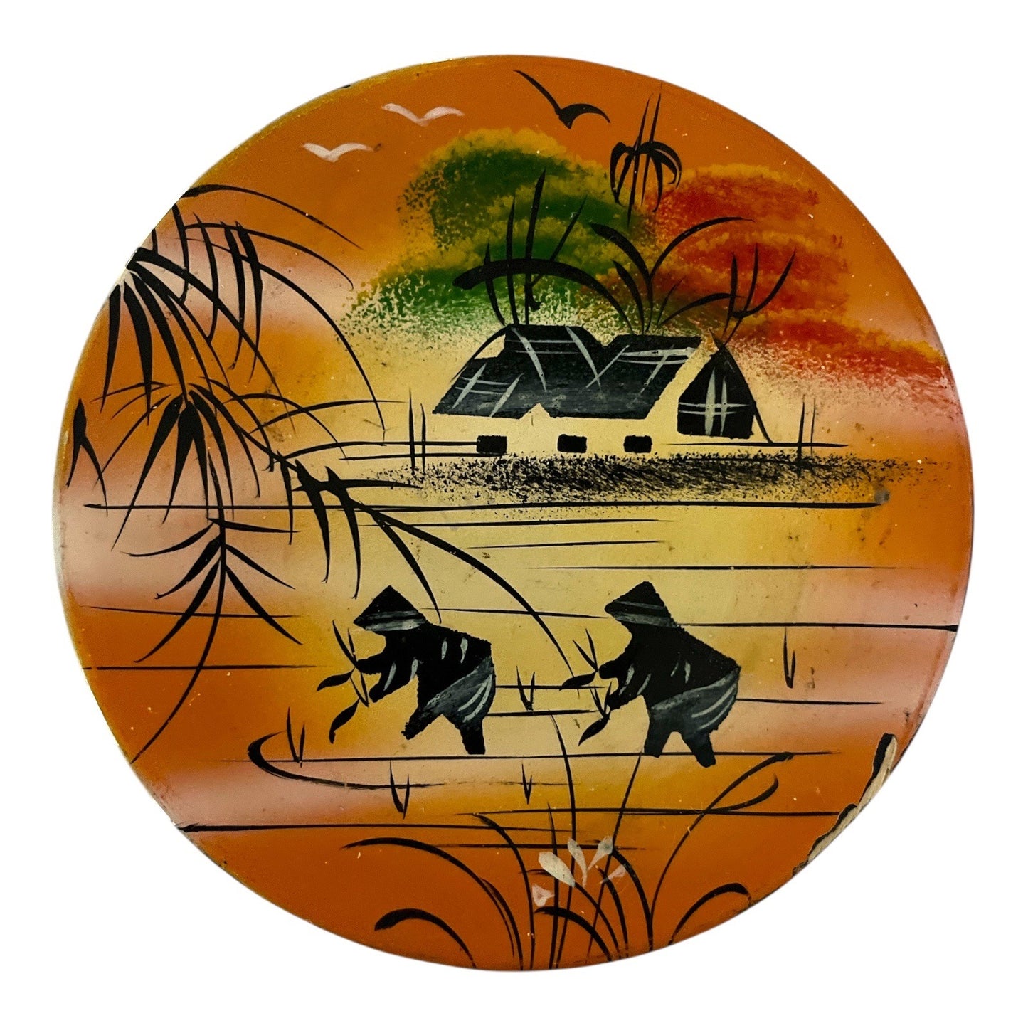 Pair of Vietnamese Lacquerware Decorative Plates – Hand-Painted Wood, Tuấn Hải, 4.75"