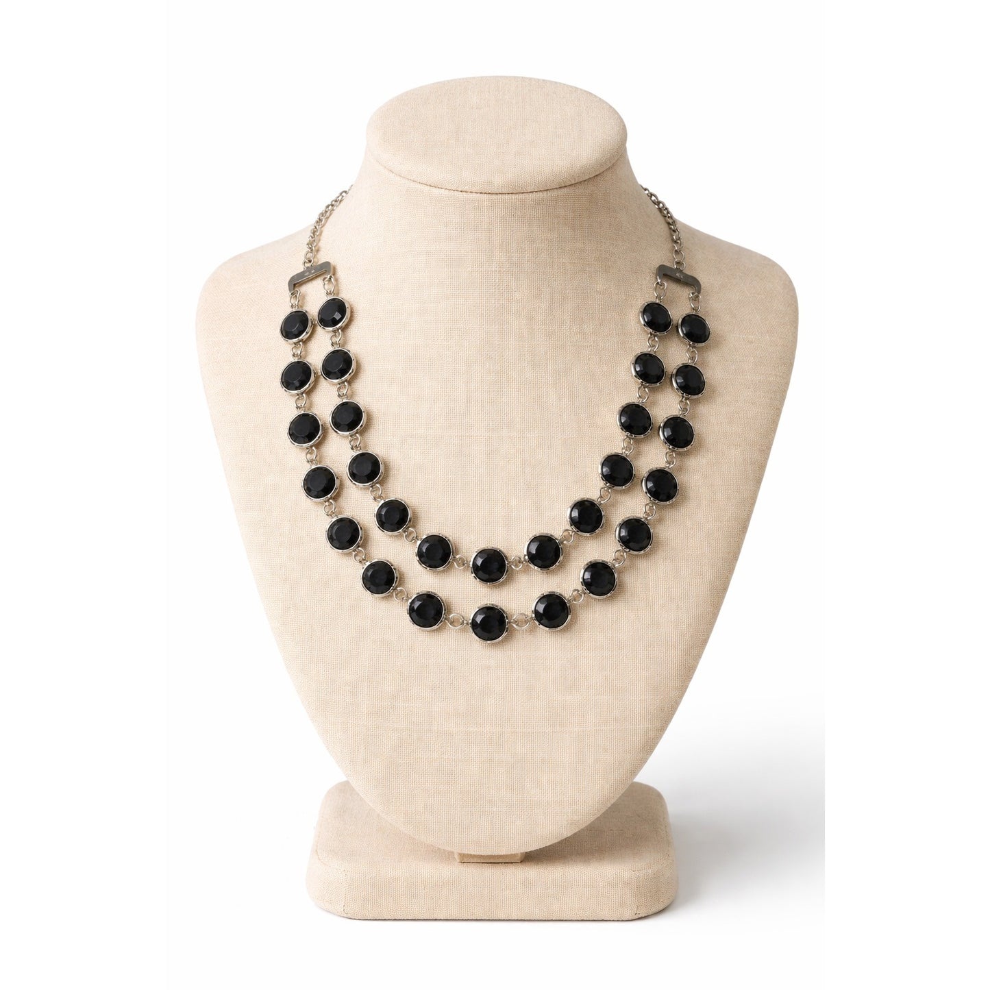 Black Faceted Statement Necklace Silver Tone Double Strand Adjustable Choker Early 2000s