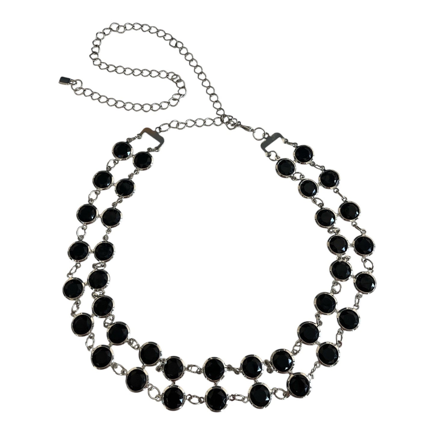 Black Faceted Statement Necklace Silver Tone Double Strand Adjustable Choker Early 2000s