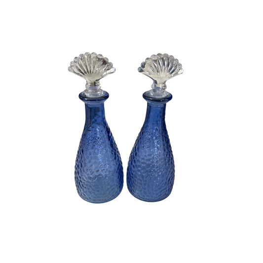Set of 2 Bath & Body Works Vintage Collection Blue Glass Decanters with Plastic Shell Stoppers