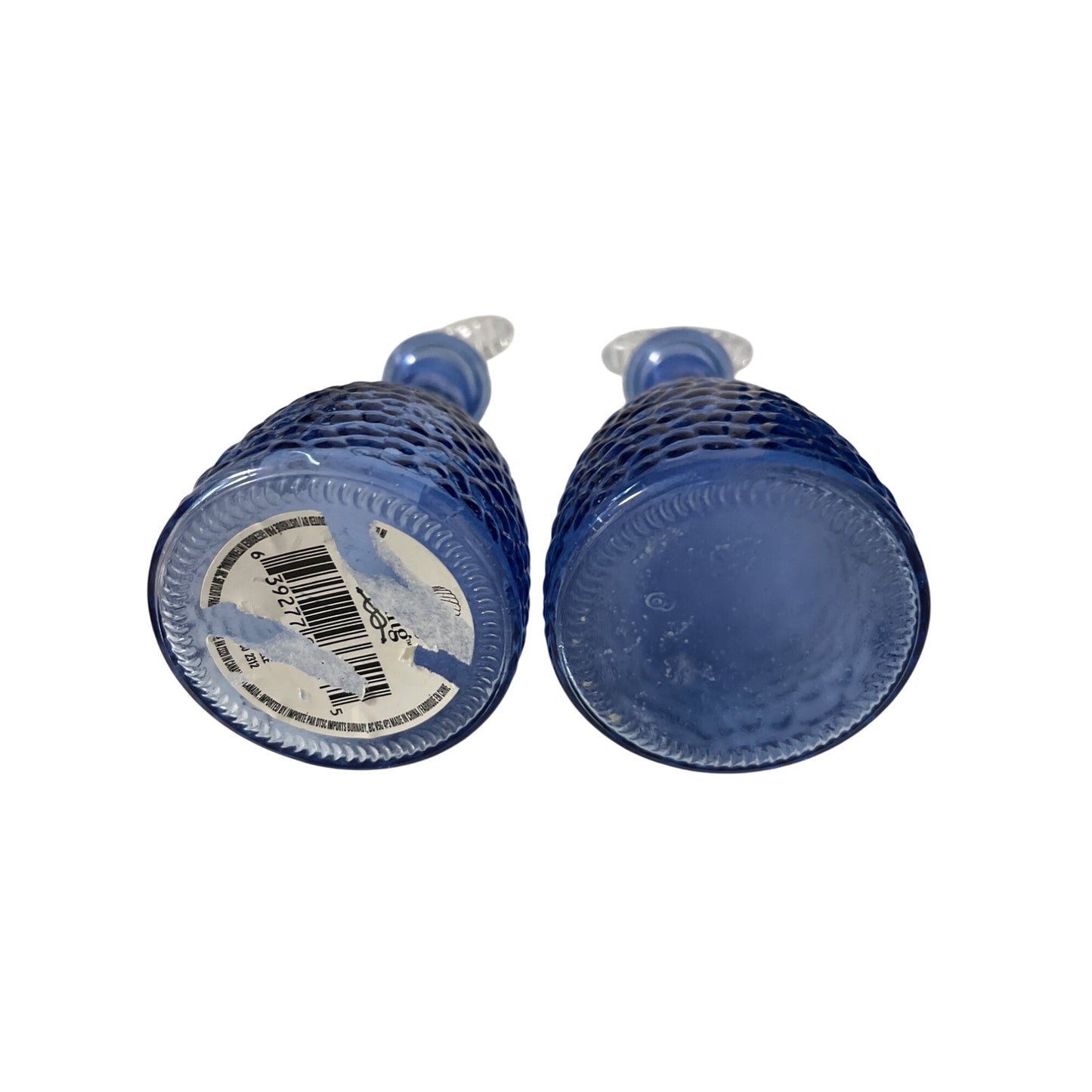 Set of 2 Bath & Body Works Vintage Collection Blue Glass Decanters with Plastic Shell Stoppers