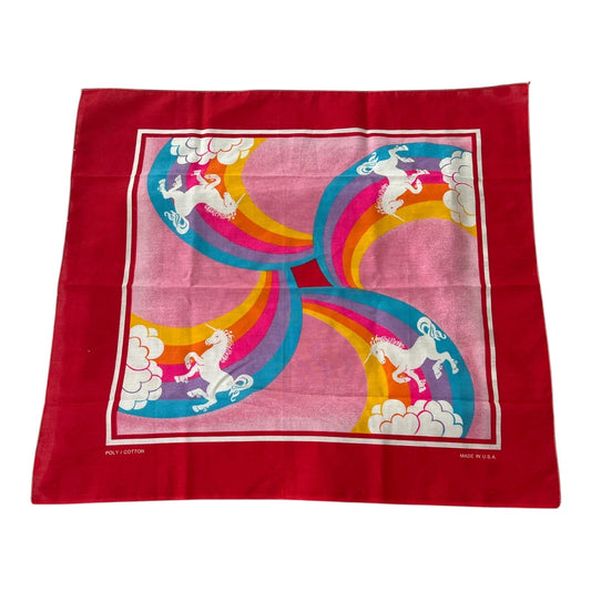 Vintage 1970s Rainbow Unicorn Bandana – Made in USA Poly Cotton Red Scarf