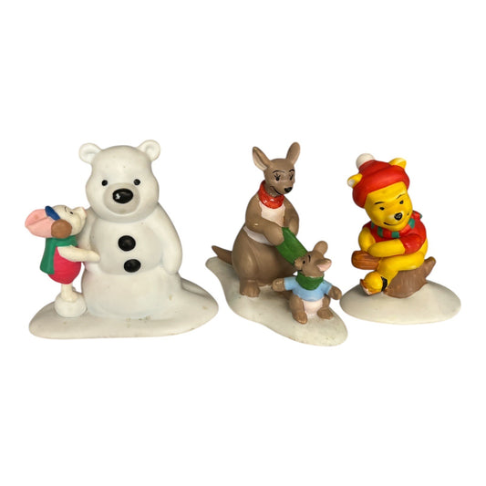 Disney Winnie the Pooh Winter Figurine Set – Piglet, Pooh, Kanga & Roo – Christmas Snow Theme – 3 Pieces