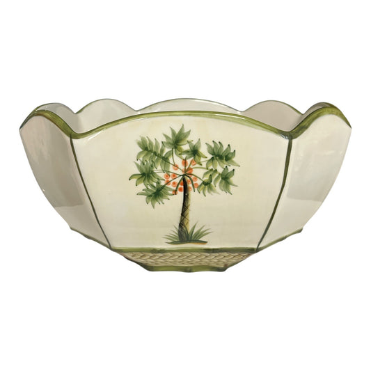 Jay Import Company Ceramic Palm Tree Bowl – Tropical Octagonal Scalloped Dish, Handpainted Look, 2000s