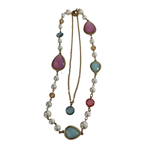Signed JP Layered Faux Pearl Necklace Pastel Faceted Stones Gold Tone 15 20 Inch