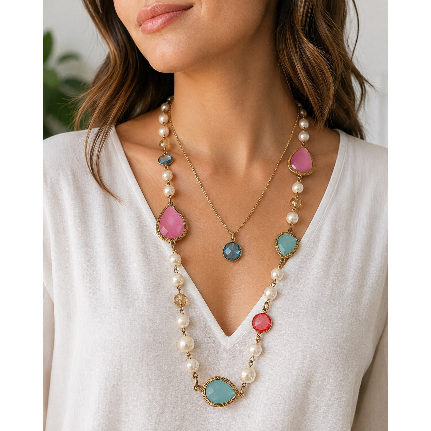 Signed JP Layered Faux Pearl Necklace Pastel Faceted Stones Gold Tone 15 20 Inch