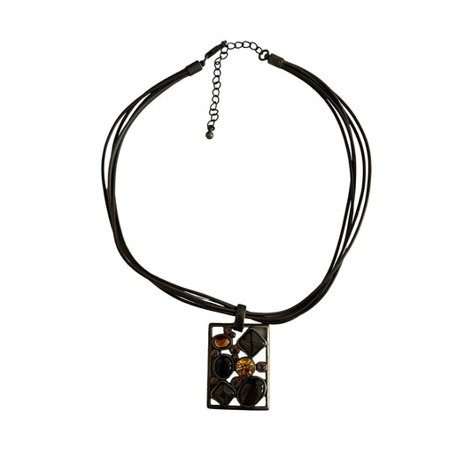 Vintage Park Lane Necklace Multi Strand Brown Cord Geometric Pendant Amber Rhinestone 1980s
