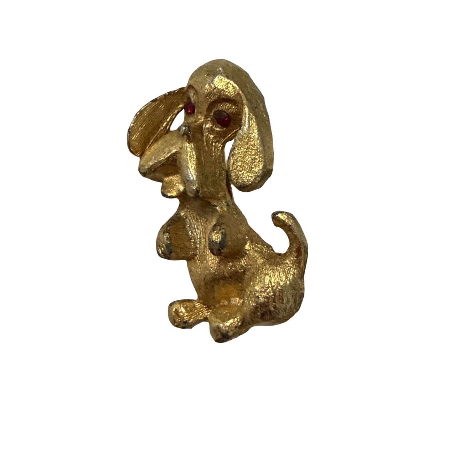 Vintage Gold Tone Sad Puppy Dog Brooch Red Rhinestone Eyes