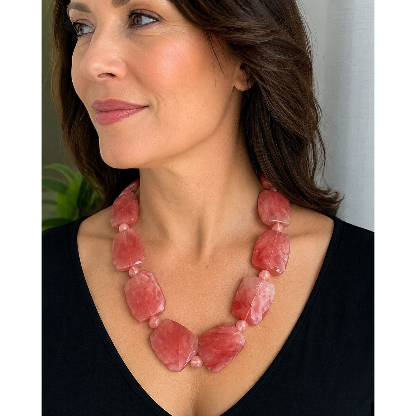 Chunky Pink Gemstone Statement Necklace Faceted Stone Slabs Toggle Clasp 18"