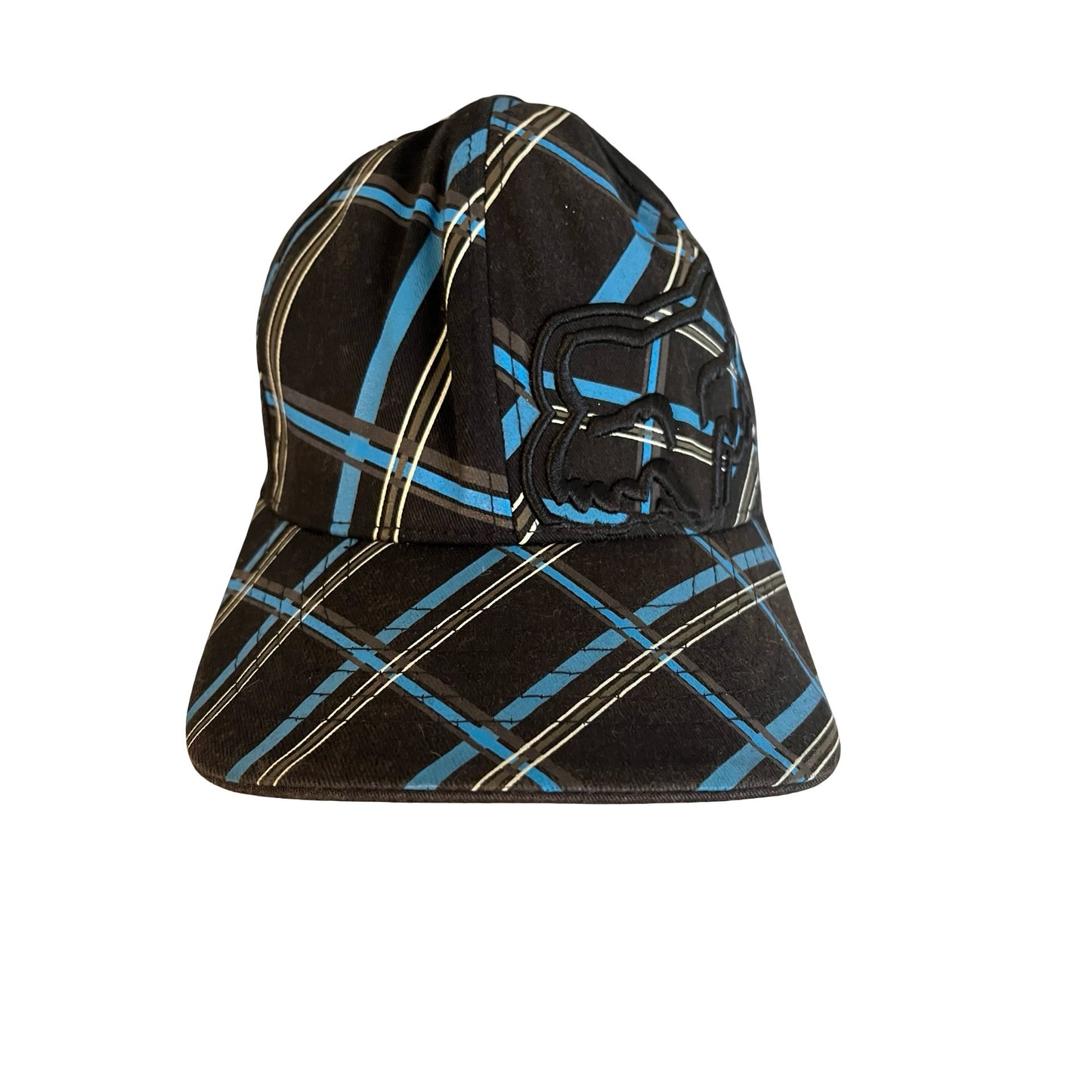 Fox Racing Flexfit Hat Black Blue Plaid Fitted Cap Adult Size L XL