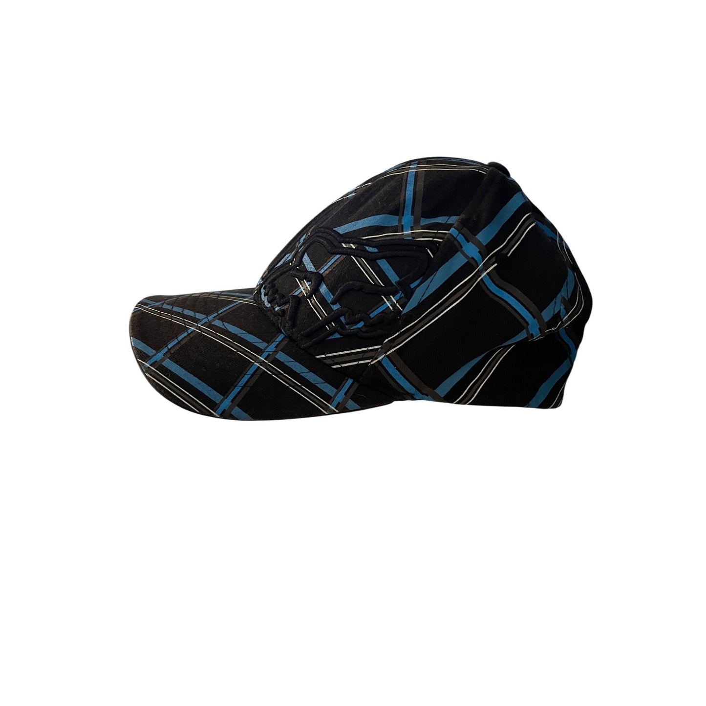 Fox Racing Flexfit Hat Black Blue Plaid Fitted Cap Adult Size L XL