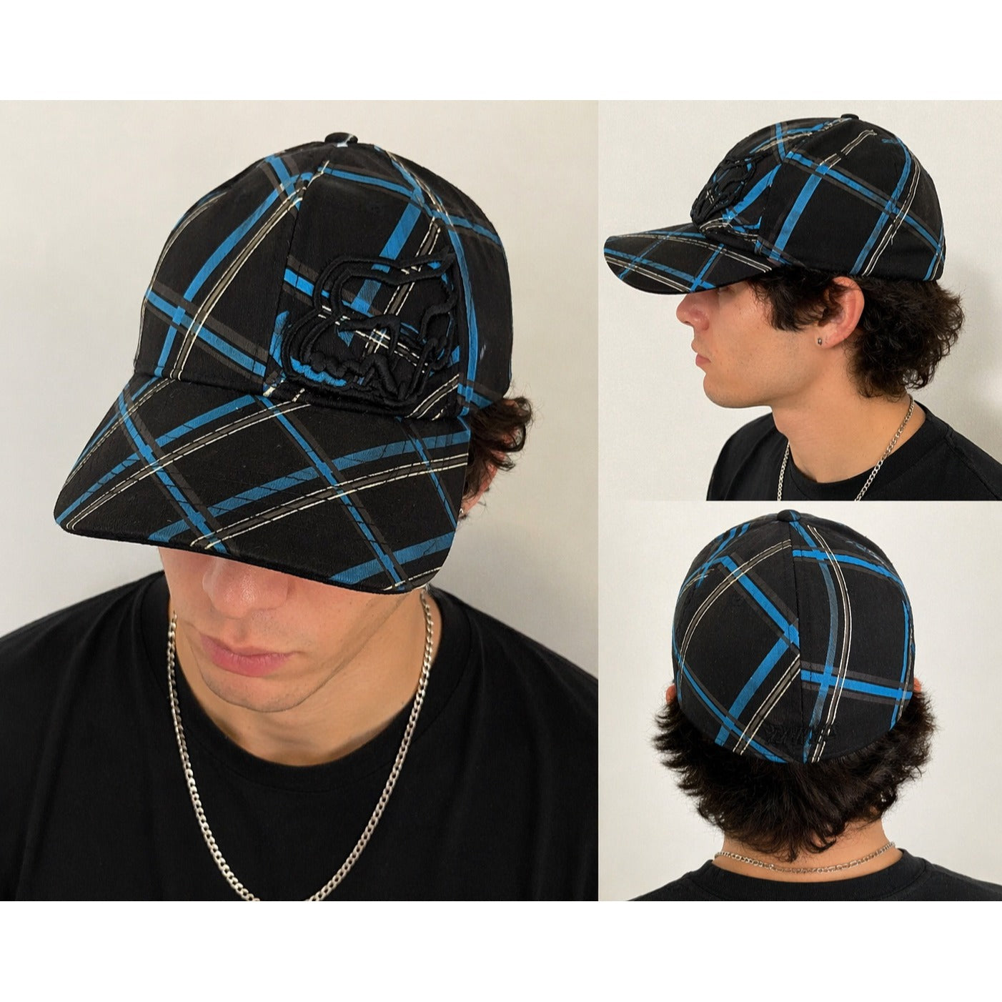 Fox Racing Flexfit Hat Black Blue Plaid Fitted Cap Adult Size L XL