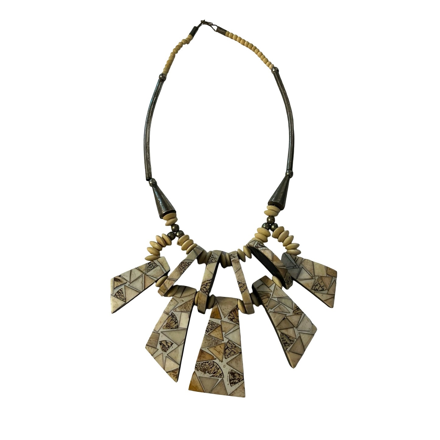 Vintage Tribal Statement Necklace Geometric Inlay Panels Bone Horn Style Heavy Boho Jewelry