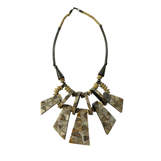 Vintage Tribal Statement Necklace Geometric Inlay Panels Bone Horn Style Heavy Boho Jewelry