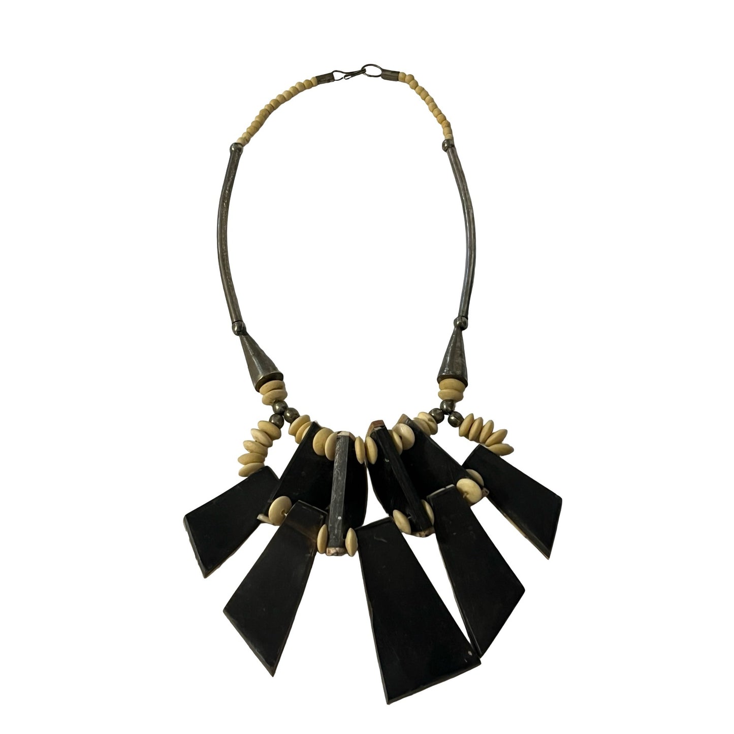Vintage Tribal Statement Necklace Geometric Inlay Panels Bone Horn Style Heavy Boho Jewelry