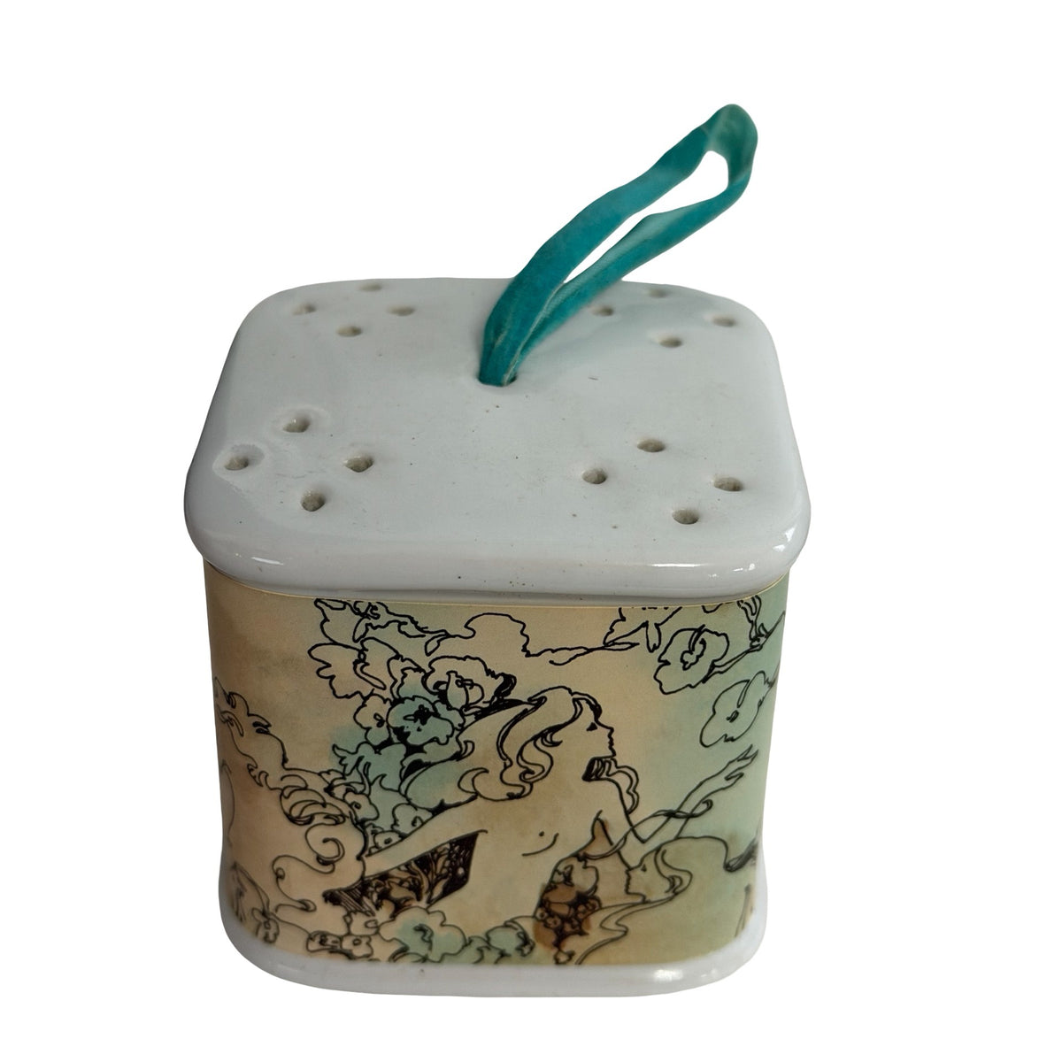 Vintage Taiwan R.O.C. Ceramic Potpourri Holder Art Nouveau Woman Floral Sachet