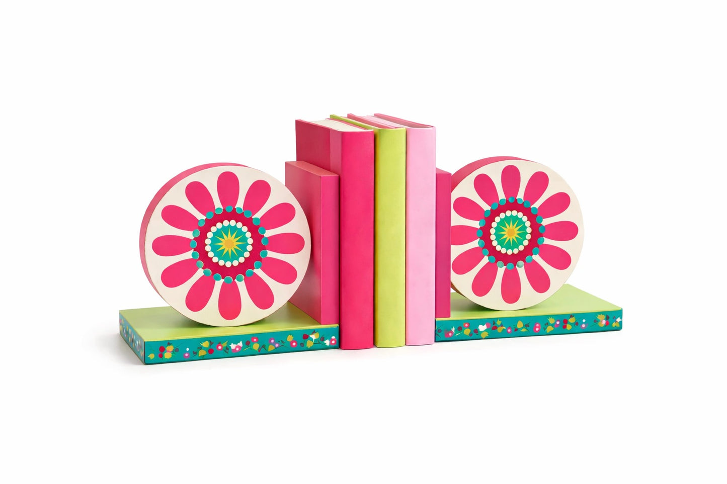 Vtg Floral Wooden Bookends Pink Teal Retro Flower Design Target