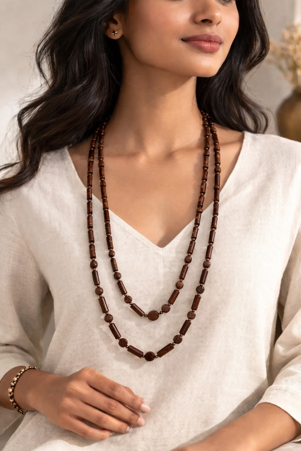Vintage Wooden Bead Necklace Barrel and Round Bead Strand Statement Jewelry
