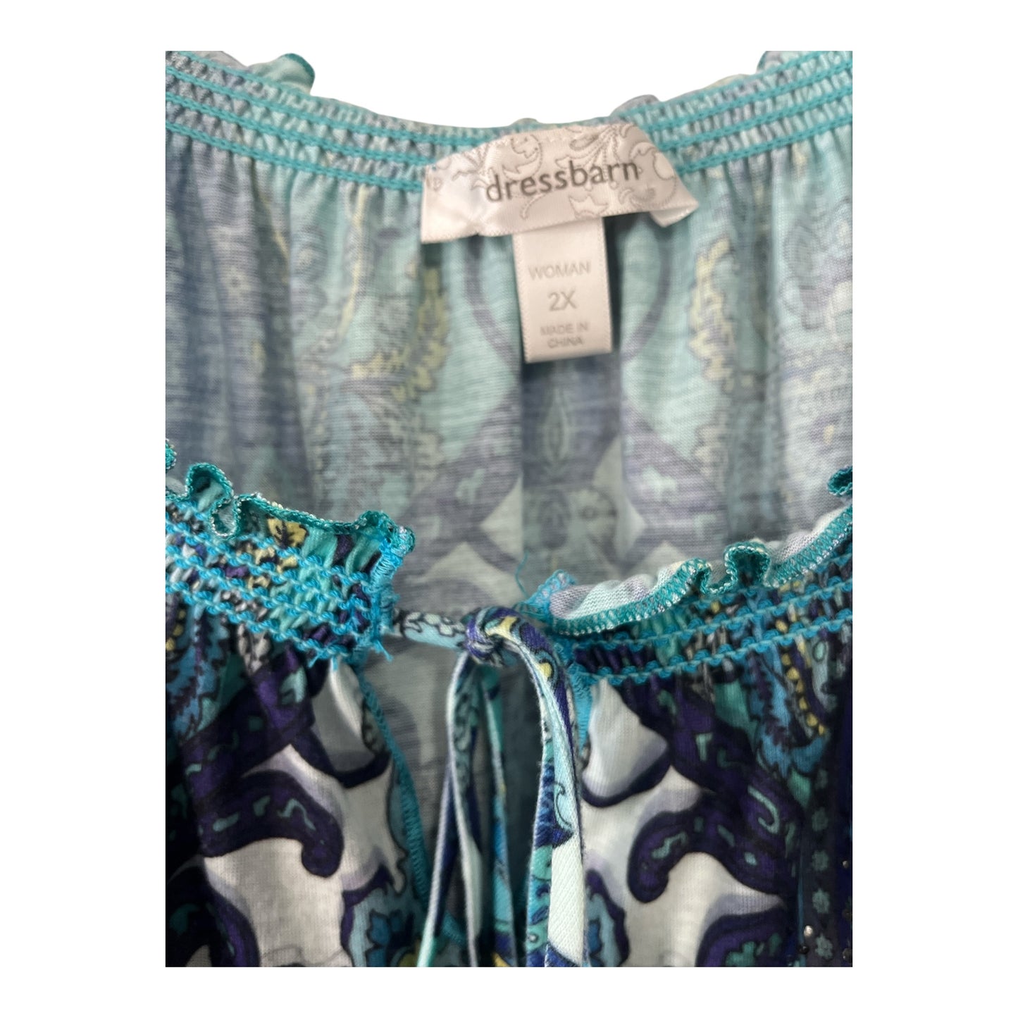 Dressbarn Women’s 2X Boho Peasant Top – Blue Paisley Smocked Flutter Sleeve Blouse
