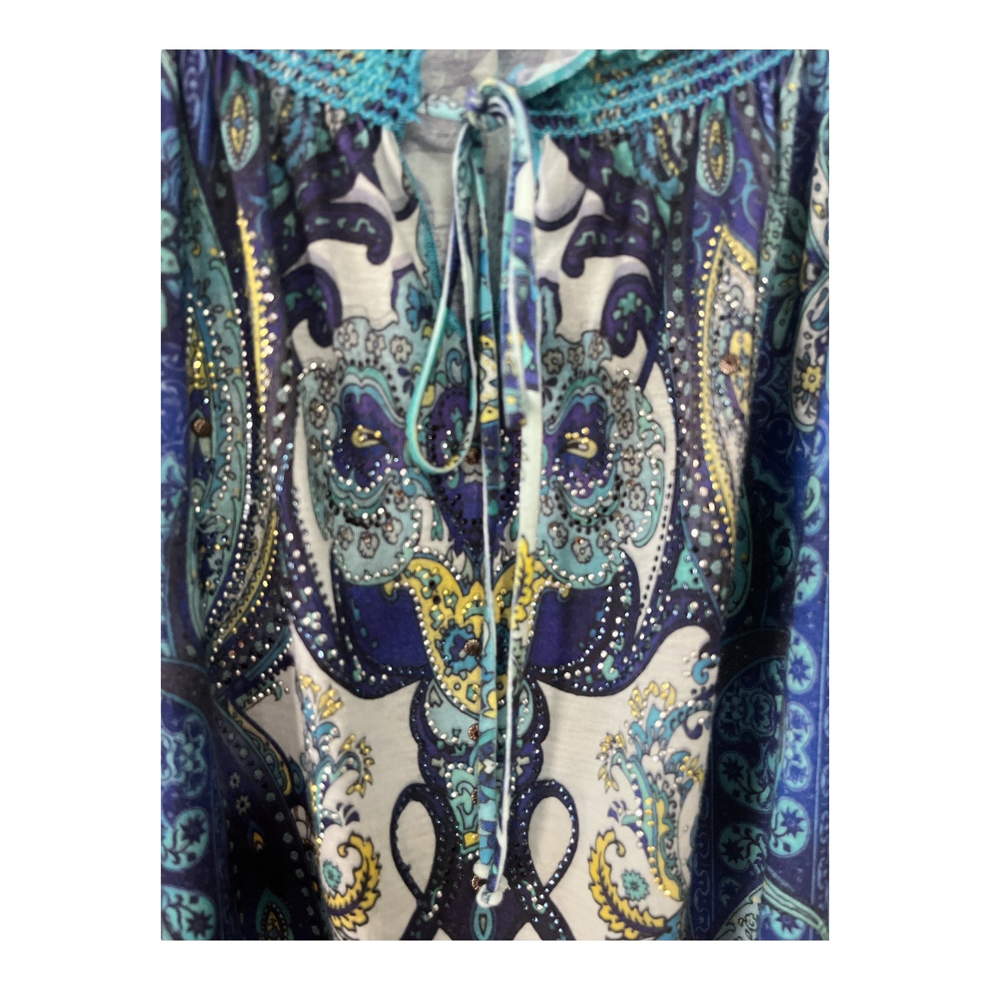 Dressbarn Women’s 2X Boho Peasant Top – Blue Paisley Smocked Flutter Sleeve Blouse