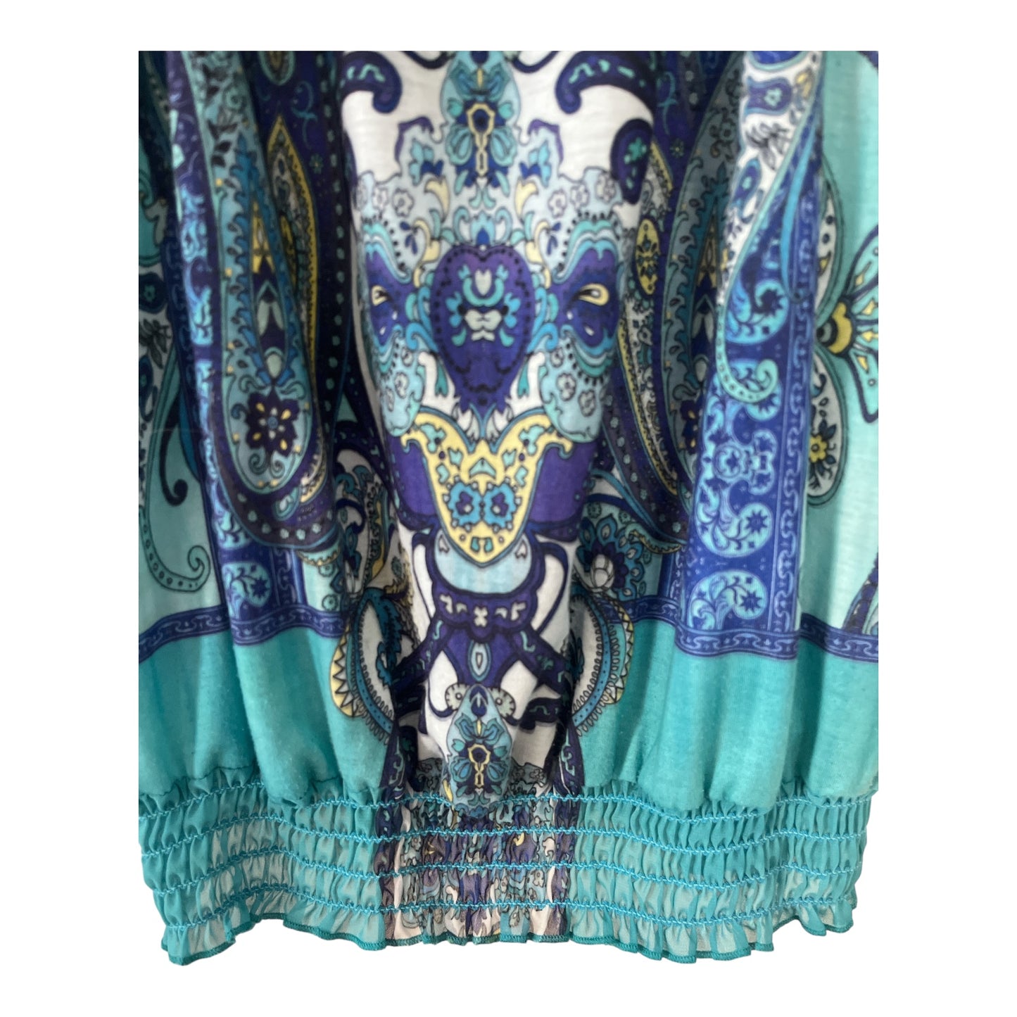 Dressbarn Women’s 2X Boho Peasant Top – Blue Paisley Smocked Flutter Sleeve Blouse