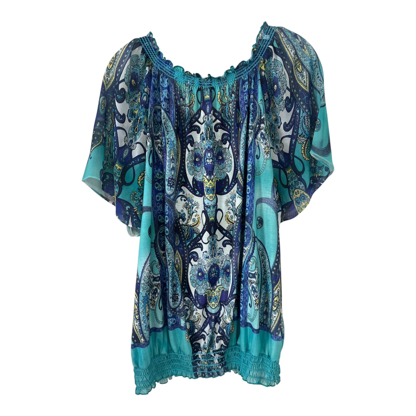 Dressbarn Women’s 2X Boho Peasant Top – Blue Paisley Smocked Flutter Sleeve Blouse