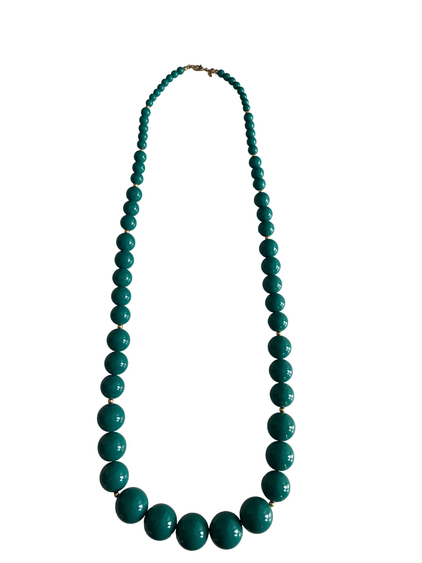 Monet Teal Graduated Bead Necklace Gold Tone Clasp 28” Vintage Statement