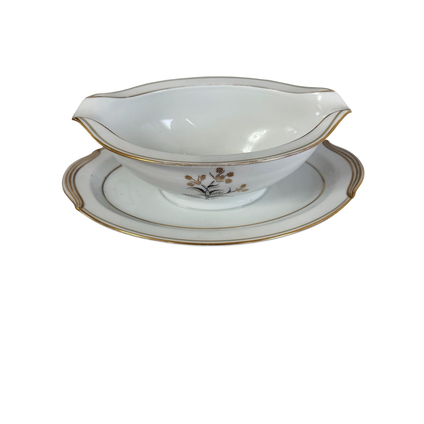 Vintage Noritake Winton 5521 Gravy Boat Underplate Gold Floral Japan Serving Set