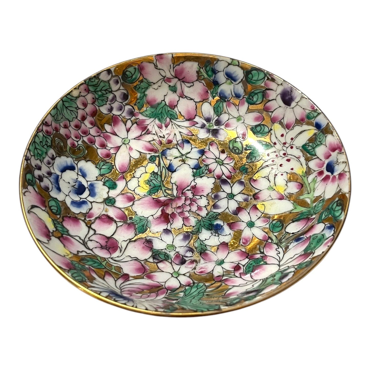 VTG ACF Hong Kong Famille Rose Style Floral Bowl Hand Painted Porcelain Gold Enamel 5.5"