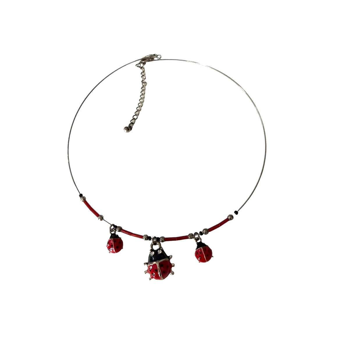 Red Enamel Ladybug Triple Charm Silver Tone Wire Collar Necklace