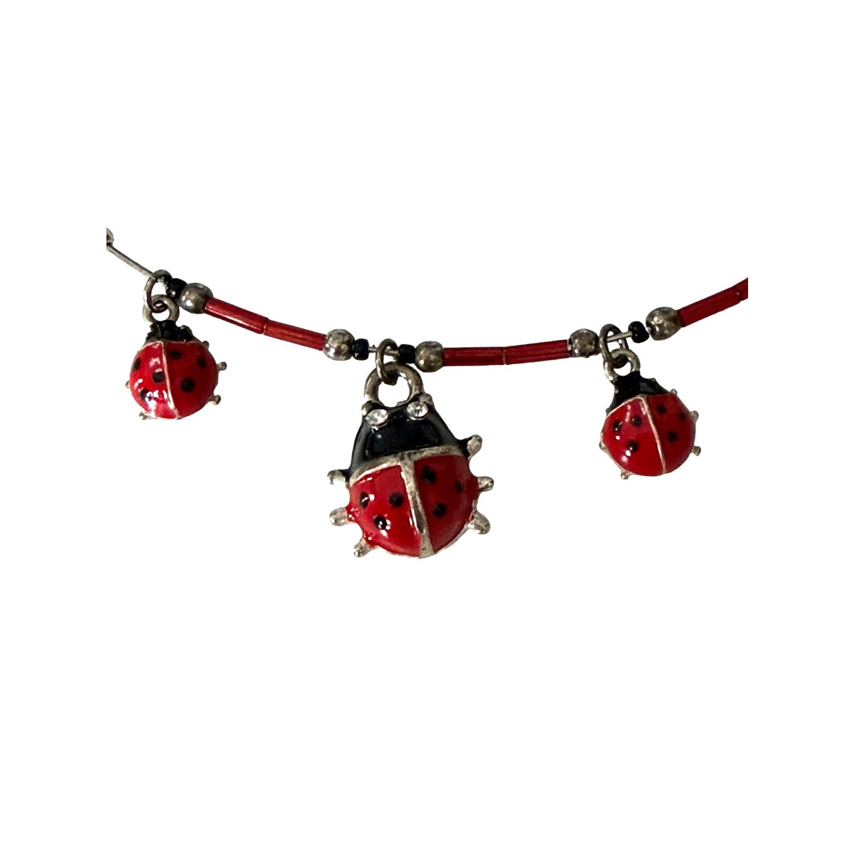 Red Enamel Ladybug Triple Charm Silver Tone Wire Collar Necklace