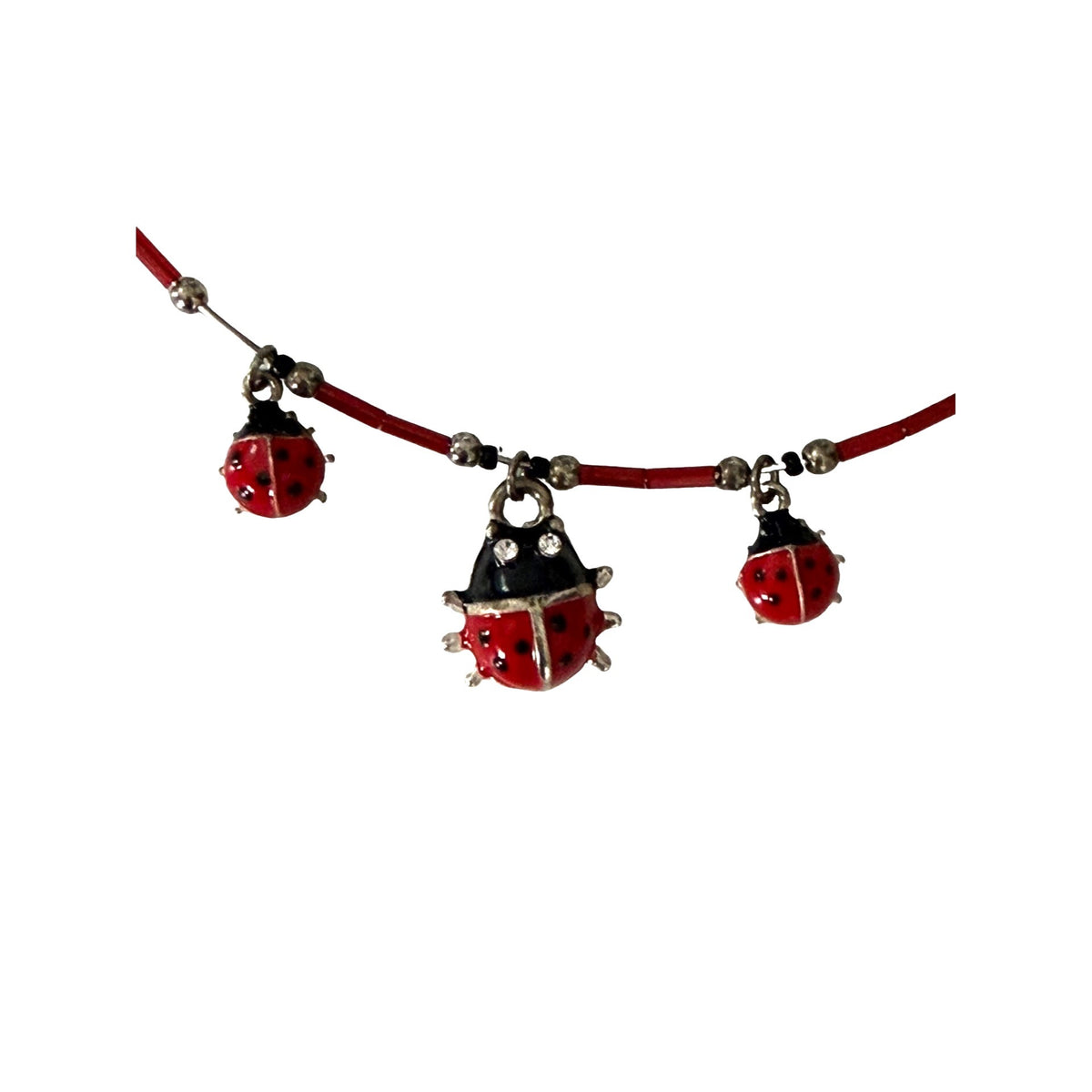Red Enamel Ladybug Triple Charm Silver Tone Wire Collar Necklace