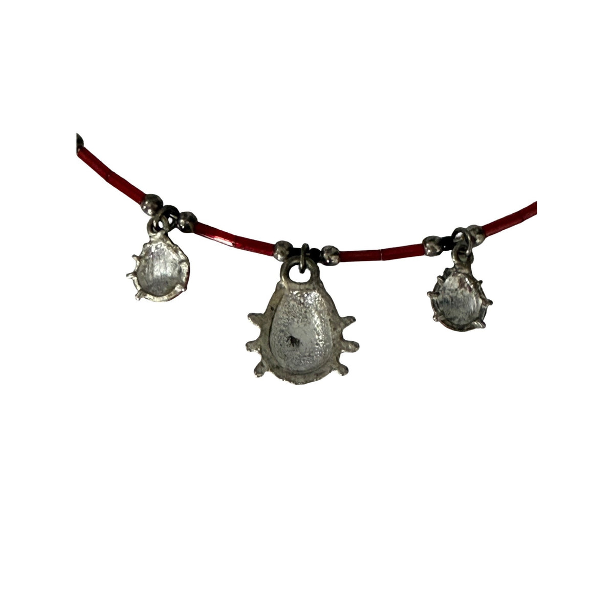 Red Enamel Ladybug Triple Charm Silver Tone Wire Collar Necklace
