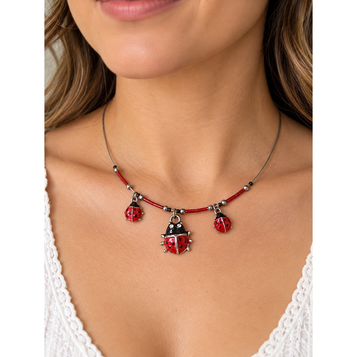 Red Enamel Ladybug Triple Charm Silver Tone Wire Collar Necklace