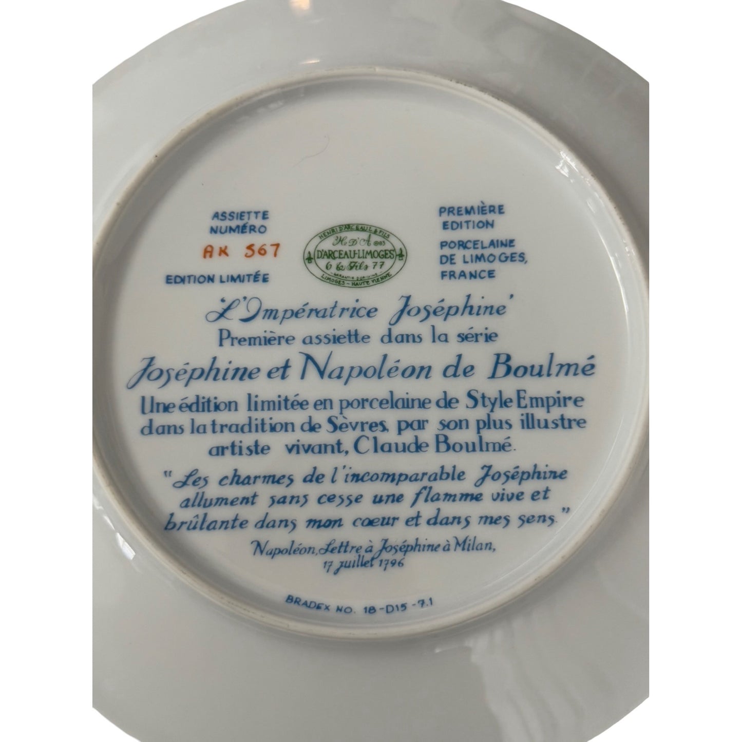 L'Impératrice Joséphine Limoges France Collector Plate Claude Boulmé Napoleon Series