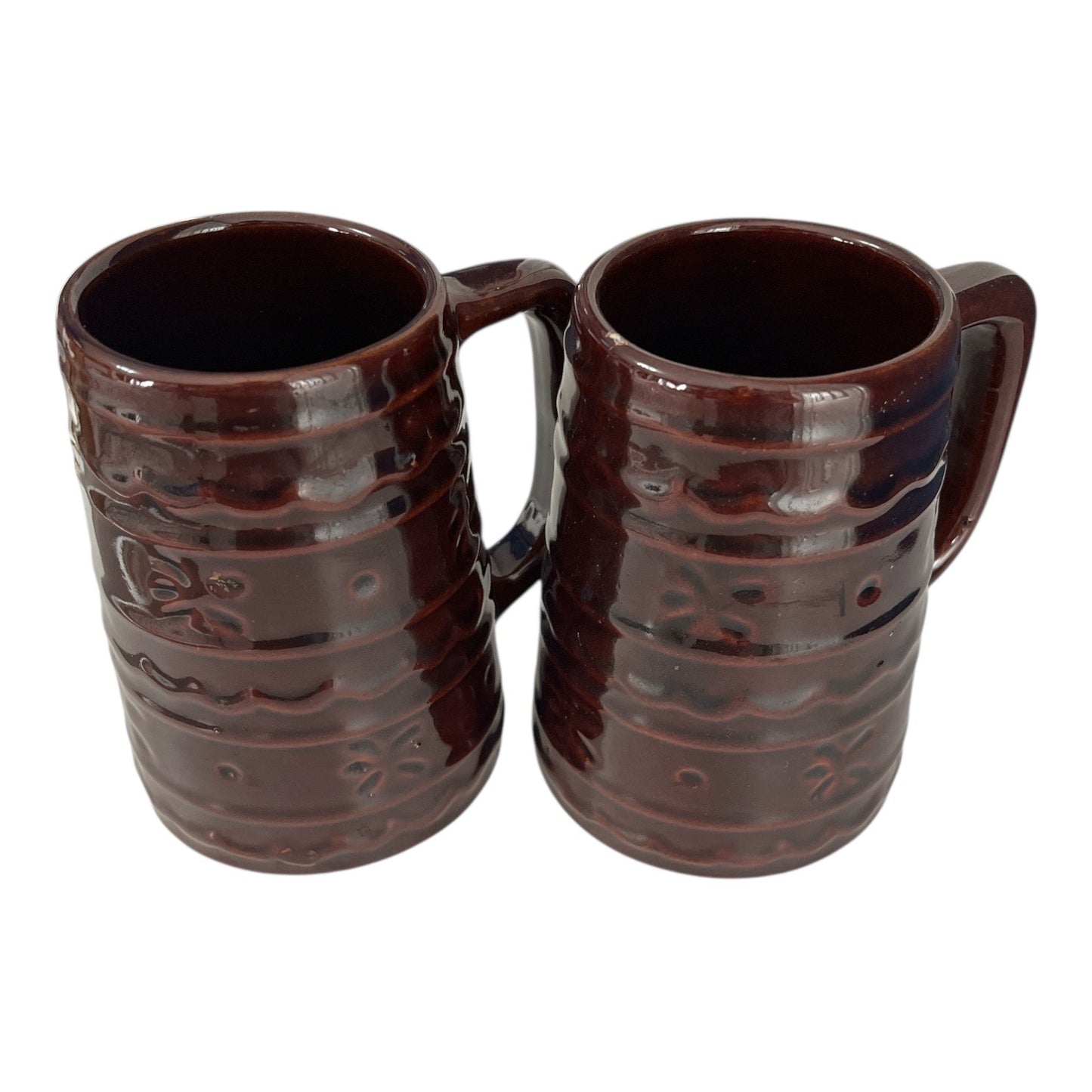 Vintage USA Pottery Brown Drip Barrel Mugs – Set of 2 – 1950s–1970s