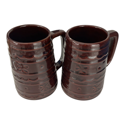 Vintage USA Pottery Brown Drip Barrel Mugs – Set of 2 – 1950s–1970s
